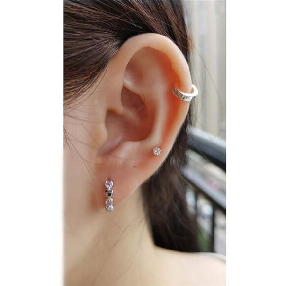 Double Love Heart Cubic Zirconia Small Hoop Earrings for Women Girls - Picture 3 of 7